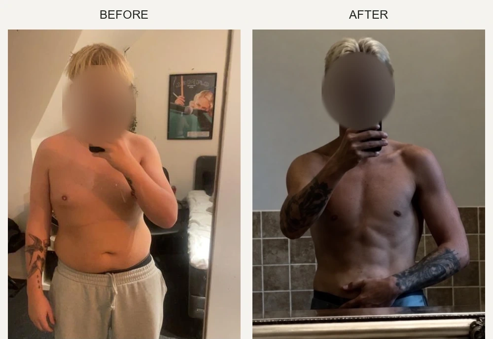 Client one: before on the left, updated after photo on the right. Face blurred.