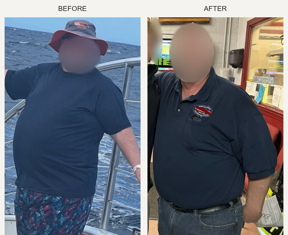 Client five: before on the boat at left, after indoors at right. Faces blurred.